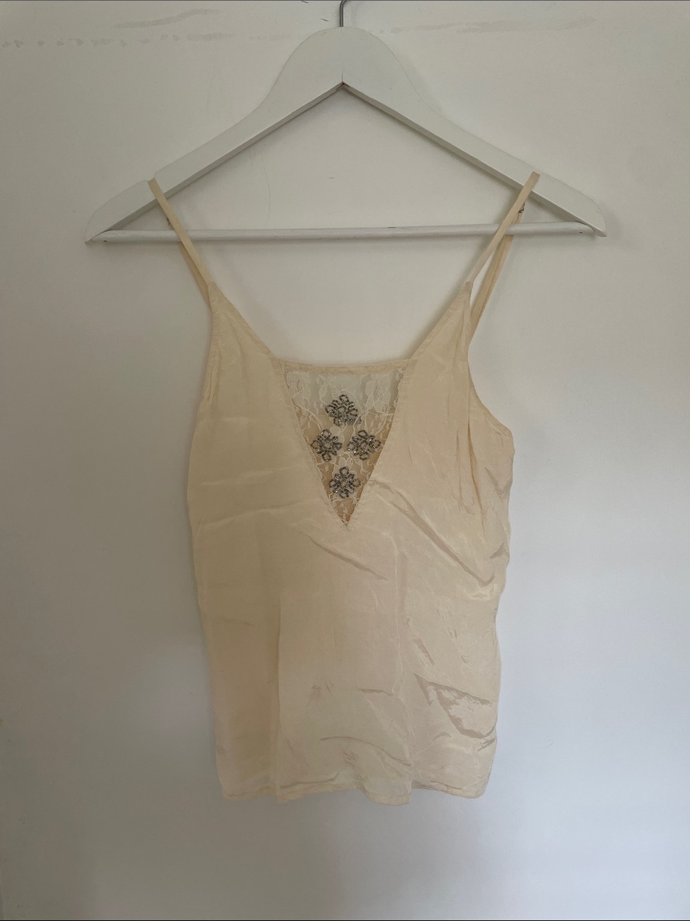 Chan Luu Cream Satin Lace-Trim Cami with Embroidered V-Inset